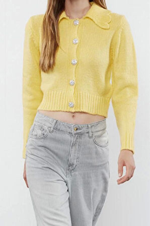 Kadın Moda Şık Crop Polo Yaka Regular Crop Yumuşak Dokulu Mücevher Düğmeli Triko Hırka