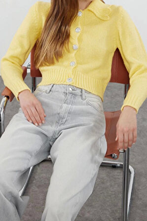 Kadın Moda Şık Crop Polo Yaka Regular Crop Yumuşak Dokulu Mücevher Düğmeli Triko Hırka