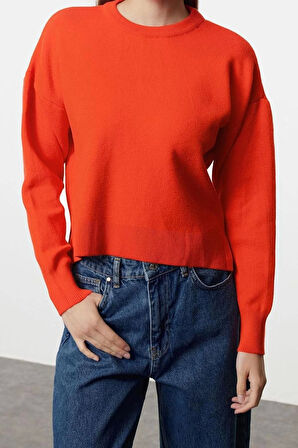 Kadın Moda Şık Bisiklet Yaka Standart Kol Regular Geniş Kalıp Basic Özel İplik Triko Kazak