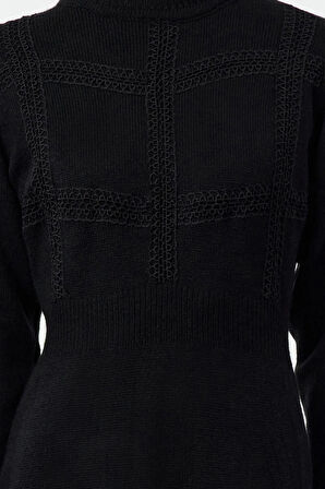 Kadın Moda Şık Tesettür Maxi Boy Dik Yaka Fitted Dantel Detalı Yumuşak Dokulu Triko Elbise