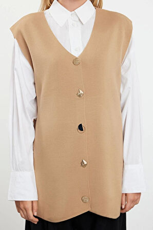 Kadın Tesettür Moda Şık Regular V Yaka Uzun Kol Düz Aksesuar Düğmeli Triko Süveter Yelek