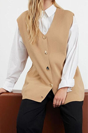 Kadın Tesettür Moda Şık Regular V Yaka Uzun Kol Düz Aksesuar Düğmeli Triko Süveter Yelek