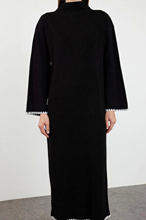 Kadın Moda Şık Tesettür Maxi Boy Bisiklet Yaka Relaxed Dikiş Detaylı Uzun Triko Elbise