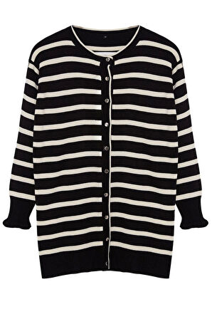 Kadın Tesettür Moda Şık Regular Bisiklet Yaka Uzun Kol Çizgili Taş Triko Hırka