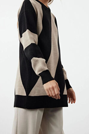 Kadın Tesettür Moda Şık Regular Bisiklet Yaka Uzun Kol Renk Bloklu Siyah Taş Triko Kazak