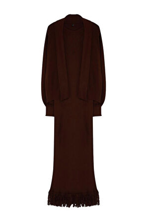 Kadın Moda Şık Regular Uzun Boy Uzun Kollu Püskül Detaylı Triko Hırka Elbise Alt-Üst Takım