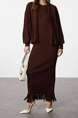 Kadın Moda Şık Regular Uzun Boy Uzun Kollu Püskül Detaylı Triko Hırka Elbise Alt-Üst Takım