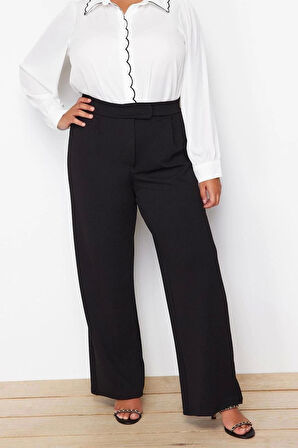 Kadın Yeni Moda Büyük Beden Geniş Paça Uzun Boy Örme Kemeri Cırtlı Pileli Wide Leg Örme Pantolon