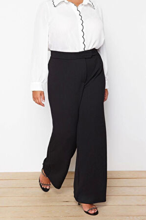 Kadın Yeni Moda Büyük Beden Geniş Paça Uzun Boy Örme Kemeri Cırtlı Pileli Wide Leg Örme Pantolon