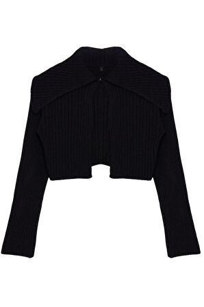 Kadın Moda Şık Crop Devrik Yaka Regular Süper Crop Yumuşak Dokulu Triko Hırka