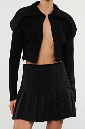 Kadın Moda Şık Crop Devrik Yaka Regular Süper Crop Yumuşak Dokulu Triko Hırka