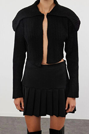 Kadın Moda Şık Crop Devrik Yaka Regular Süper Crop Yumuşak Dokulu Triko Hırka