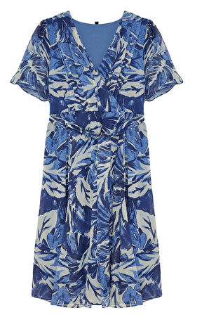 Kadın Moda Şık Büyük Beden Maxi Boy Kruvaze Relaxed Tropik Yaprak Desenli Şifon Dokuma Elbise