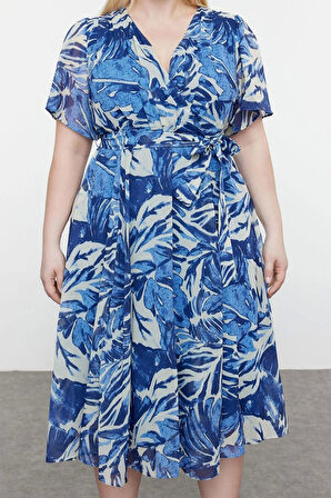 Kadın Moda Şık Büyük Beden Maxi Boy Kruvaze Relaxed Tropik Yaprak Desenli Şifon Dokuma Elbise