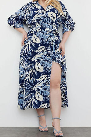 Yeni Rahat Casual Günlük Viskon Dokuma Gömlek Yaka Kısa Kol A-Line Maxi Boy Büyük Beden Elbise