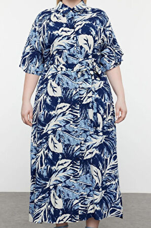 Yeni Rahat Casual Günlük Viskon Dokuma Gömlek Yaka Kısa Kol A-Line Maxi Boy Büyük Beden Elbise