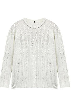 Kadın Büyük Beden Moda Şık Crop Bisiklet Yaka Uzun Kol Saç Örgü Varaklı lü Crop Triko Kazak