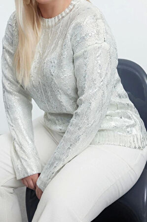 Kadın Büyük Beden Moda Şık Crop Bisiklet Yaka Uzun Kol Saç Örgü Varaklı lü Crop Triko Kazak