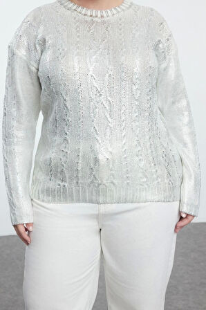 Kadın Büyük Beden Moda Şık Crop Bisiklet Yaka Uzun Kol Saç Örgü Varaklı lü Crop Triko Kazak