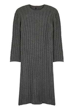 Yeni Rahat Casual Günlük Çift Plaka Triko Bisiklet Yaka Uzun Kol Shift Midi Boy Büyük Beden Elbise