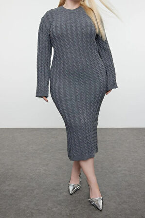 Yeni Rahat Casual Günlük Çift Plaka Triko Bisiklet Yaka Uzun Kol Shift Midi Boy Büyük Beden Elbise