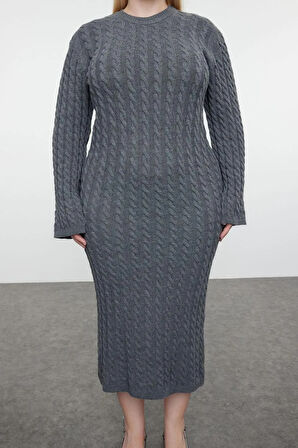 Yeni Rahat Casual Günlük Çift Plaka Triko Bisiklet Yaka Uzun Kol Shift Midi Boy Büyük Beden Elbise