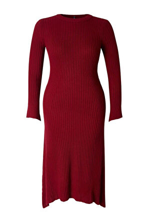 Kadın Moda Şık Büyük Beden Midi Boy Bisiklet Yaka Fitted Bordo Fitilli Triko Elbise