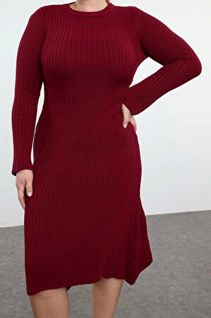 Kadın Moda Şık Büyük Beden Midi Boy Bisiklet Yaka Fitted Bordo Fitilli Triko Elbise