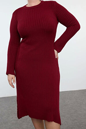 Kadın Moda Şık Büyük Beden Midi Boy Bisiklet Yaka Fitted Bordo Fitilli Triko Elbise
