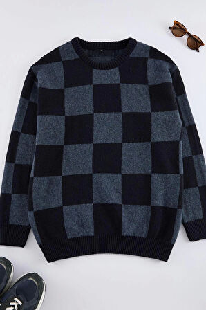 Erkek Regular Bisiklet Yaka Uzun Kol Ekose / Kareli Unisex Oversize Geniş Kalıp Kareli Triko Kazak