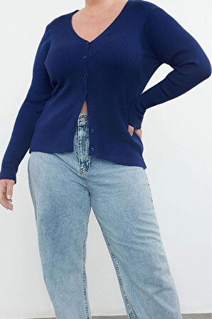 Kadın Büyük Beden Moda Şık Regular V Yaka Uzun Kol Düz Basic Premium Triko Hırka