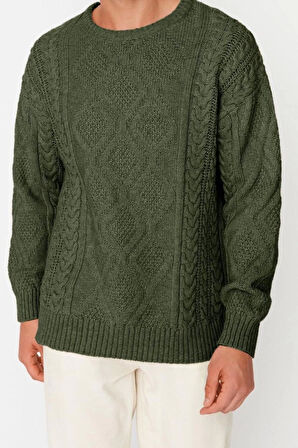 Erkek Moda Şık Regular Bisiklet Yaka Uzun Kol Saç Örgü Oversize Triko Kazak