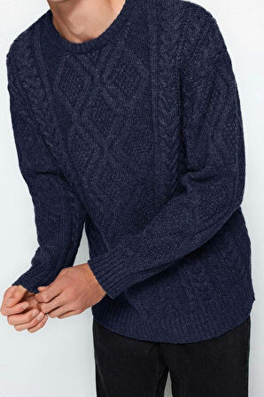 Erkek Moda Şık Regular Bisiklet Yaka Uzun Kol Saç Örgü Oversize Triko Kazak