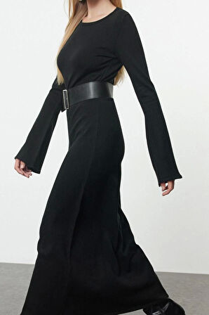 Kadın Moda Şık Maxi Boy Bisiklet Yaka Regular Triko Kemerli Elbise