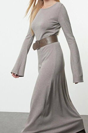 Kadın Moda Şık Maxi Boy Bisiklet Yaka Regular Triko Kemerli Elbise