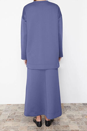 Kadın Moda Şık Regular Uzun Boy Uzun Kollu Oversize Örme Dalgıç Scuba Tunik-Etek Takım
