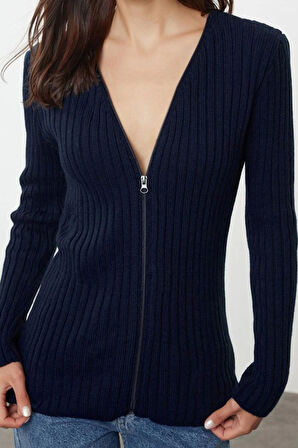 Kadın Moda Şık Midi V Yaka Slim Basic Fermuarlı Fitilli Triko Hırka