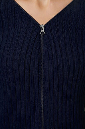 Kadın Moda Şık Midi V Yaka Slim Basic Fermuarlı Fitilli Triko Hırka