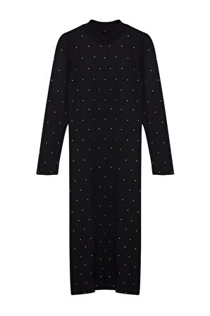 Kadın Moda Şık Büyük Beden Midi Boy Bisiklet Yaka Fitted Taşlı Triko Elbise