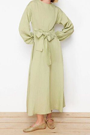 Yeni Regular Casual Günlük Crinkle Dokuma Bisiklet Yaka Uzun Kol Shift Maxi Boy Tesettür Elbise