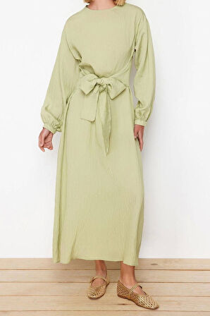 Yeni Regular Casual Günlük Crinkle Dokuma Bisiklet Yaka Uzun Kol Shift Maxi Boy Tesettür Elbise