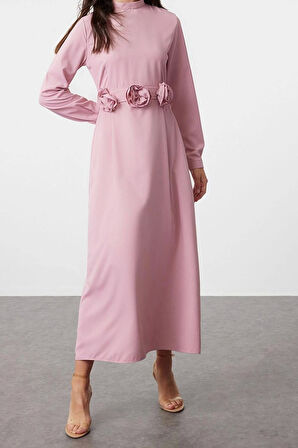 Yeni Regular Şık Abiye Gece Jessica Dokuma Dik Yaka Uzun Kol A-Line Maxi Boy Tesettür Elbise