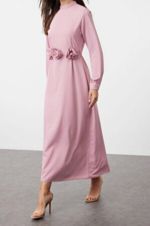 Yeni Regular Şık Abiye Gece Jessica Dokuma Dik Yaka Uzun Kol A-Line Maxi Boy Tesettür Elbise