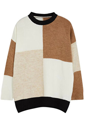 Kadın Büyük Beden Moda Şık Regular Bisiklet Yaka Uzun Kol Renk Bloklu Bloklu Triko Kazak