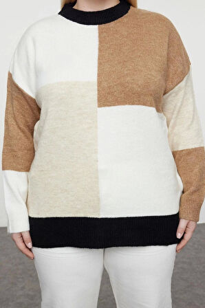 Kadın Büyük Beden Moda Şık Regular Bisiklet Yaka Uzun Kol Renk Bloklu Bloklu Triko Kazak