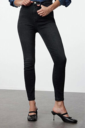 Kadın Moda Şık Kot Pantolon Dar Paça Regular Boy Denim Mavi Yüksek Bel Skinny Jeans