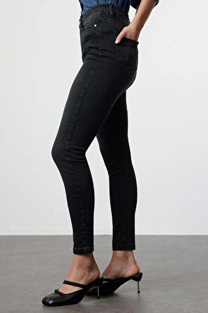 Kadın Moda Şık Kot Pantolon Dar Paça Regular Boy Denim Mavi Yüksek Bel Skinny Jeans