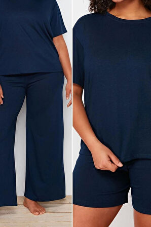 Büyük Beden Kadın Polyester Bisiklet Yaka Kısa Kol Bisiklet Yaka 3lü Örme Pijama Takımı