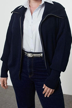 Kadın Büyük Beden Moda Şık Regular Devrik Yaka Uzun Kol Düz Devrik Yaka Fermuarlı Crop Triko Hırka