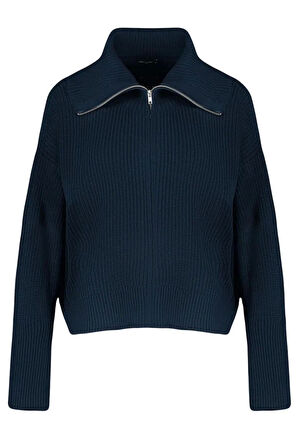 Kadın Büyük Beden Moda Şık Regular Devrik Yaka Uzun Kol Düz Devrik Yaka Fermuarlı Crop Triko Hırka